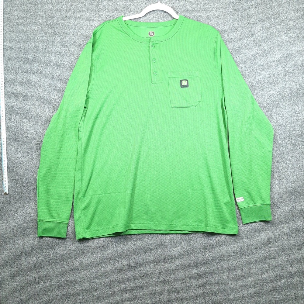John Deere Henley Durable Tough RN 87986 Size L Green Mens Long Sleeve Waffle